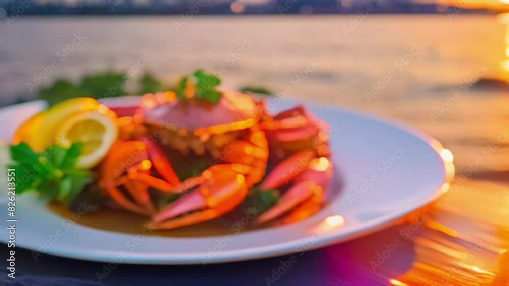a plate chili crab with view of city and sea a plate chili crab with view of city and sea