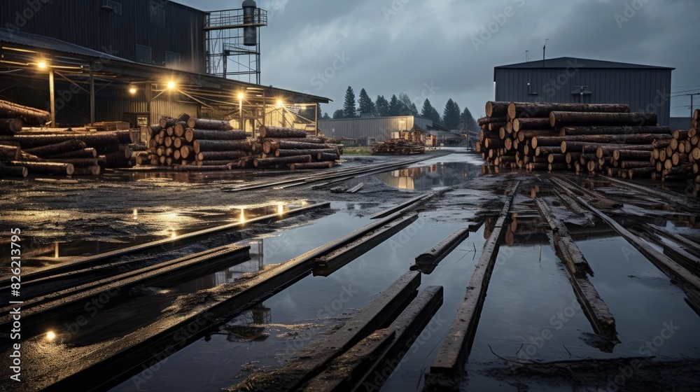 Naklejka premium A sawmill operation site with stacked lumber and wet, reflective puddles on a concrete path, set against an overcast sky, emphasizing the raw industrial environment