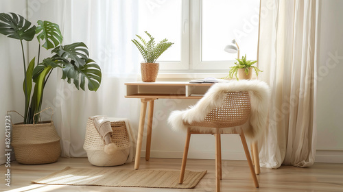 Modern Scandinavian Home Office Light wood desk with tapered legs and a white tabletop. Woven basket for storage , and a comfortable ergonomic chair with plush sheepskin throw