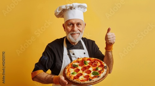 The chef holding pizza