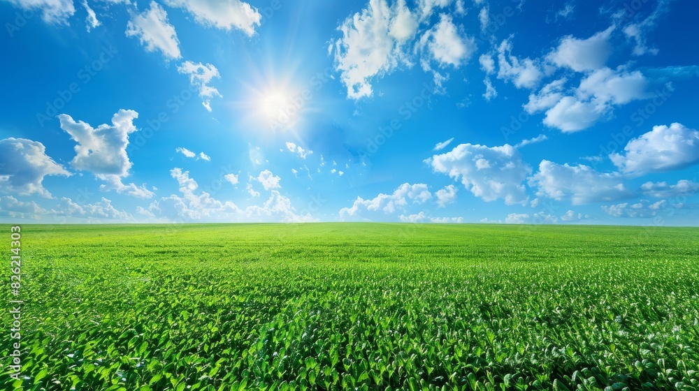 green grass, sprouts against background of blue sky and bright sun green grass, sprouts against background of blue sky and bright sun