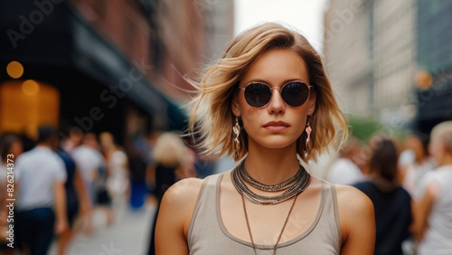 Portrait of the beautiful young woman on the street, 2020s era fashion, urban street style.