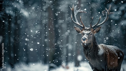 a majestic deer with impressive antlers standing in the snow-covered forest, surrounded by falling snowflakes