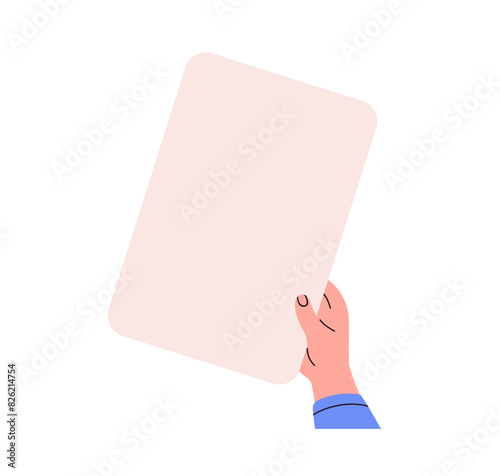 Hand holding blank paper card, presenting information, note on sign board. Showing clear placard background with empty space for information. Flat vector illustration isolated on white background © Good Studio