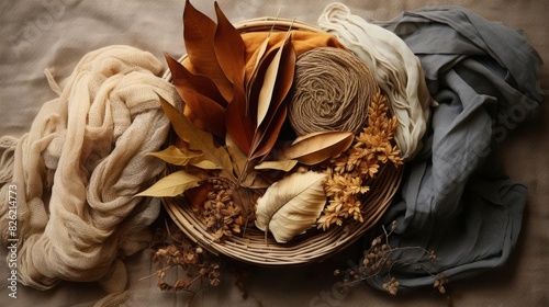 A beautifully coiled bundle of naturally dyed yarn in earthy tones, paired with dried botanical leaves, showcasing ecofriendly and artisanal textile craftsmanship