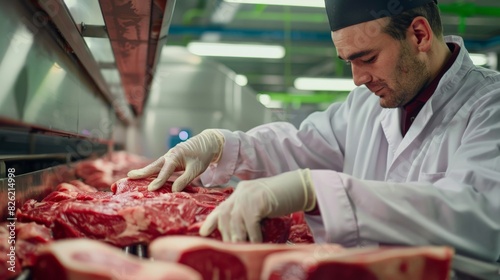 A butcher wearing a lab coat and gloves cuts meat in a cold storage.