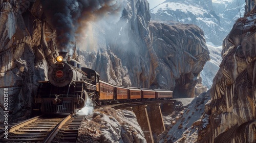The old steam train is running through the mountains.