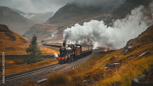 The description for the image is:..A steam train travels through the mountains.