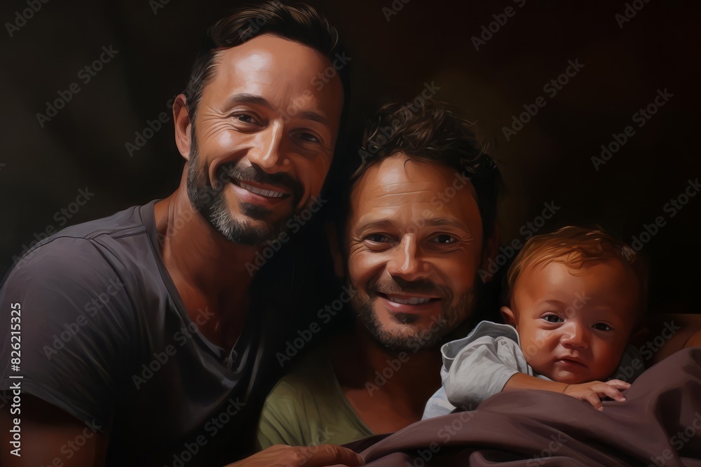A beautiful family portrait of two dads and their baby, emphasizing the joy and bond of samesex parenting in a comfortable and loving home environment A beautiful family portrait of two dads and their baby, emphasizing the joy and bond of samesex parenting in a comfortable and loving home environment