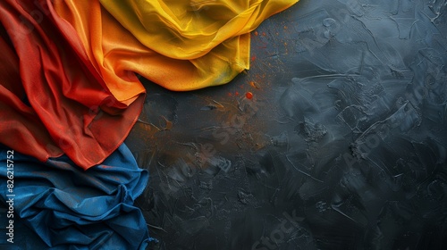 The image shows three pieces of cloth in blue, red, and yellow. photo