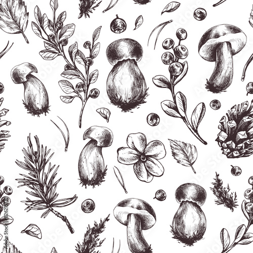 Forest edible boletus mushrooms with blueberries, lingonberries, twigs, cones, grass and autumn leaves. Graphic illustration, hand drawn with brown ink, line art monochrome. Seamless pattern