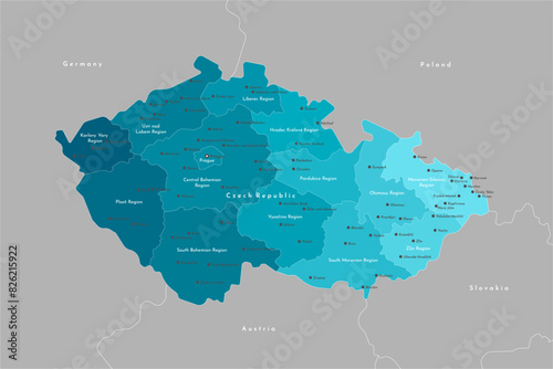 Vector modern illustration. Simplified administrative map of Czech Republic. Border with nearest states Austria, Germany and etc. Blue shapes of regions. Names of cities and regions