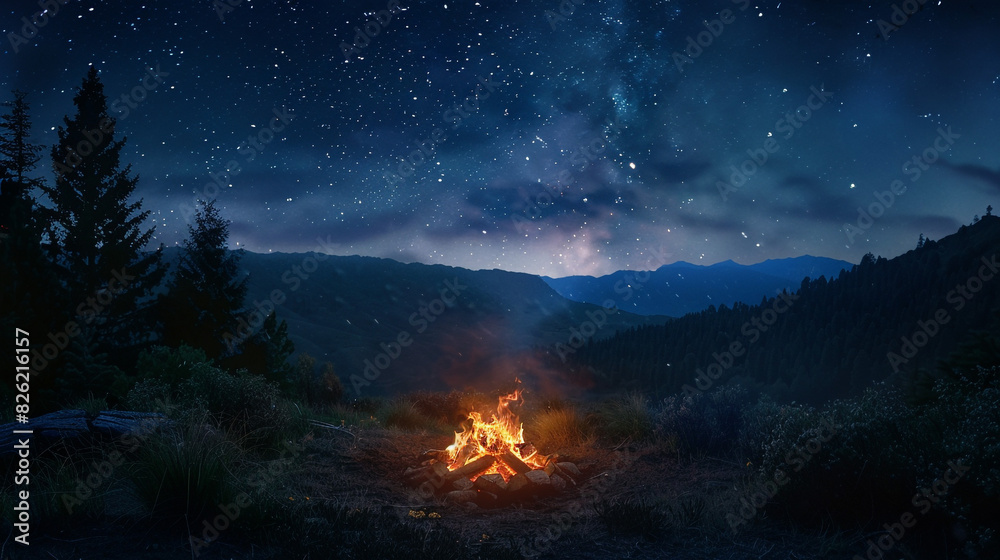 Fototapeta premium Exploring the wilderness in summer. A glowing campfire with mountain background.