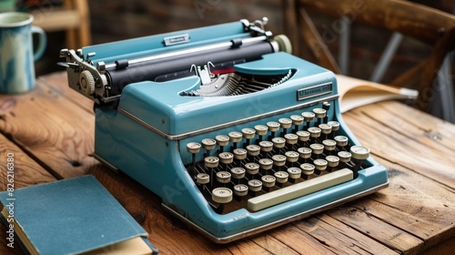 Vintage Typewriter on Rustic Desk with Books and Pens photo