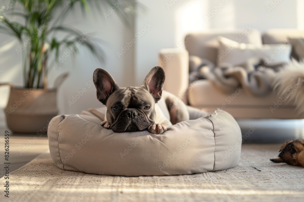 Photo of a ginger dog, a French bulldog, lying on the couch in the house