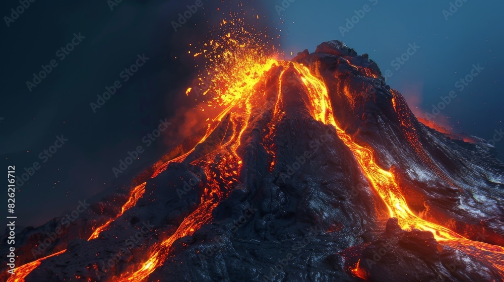 A volcano spewing hot lava and ash into the night sky.