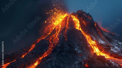 A volcano spewing hot lava and ash into the night sky. photo