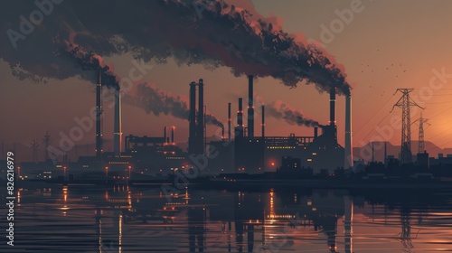 The factory is located on the coast. The factory is emitting pollutants into the air and water. --ar 16:9 Job ID: 7d426ee9-4810-439a-a80e-f44d6b3b8f58