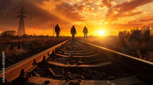 Three people walking on railroad tracks into the sunset photo