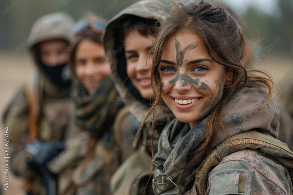 Friends with paint faces lean in close, displaying teamwork and friendship in paintball gear