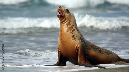 A sea lion barking on the beach.