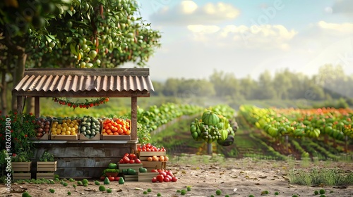Farm Stand Focus on a farm stand selling fresh produce with a farm background, afternoon light, empty space center for text