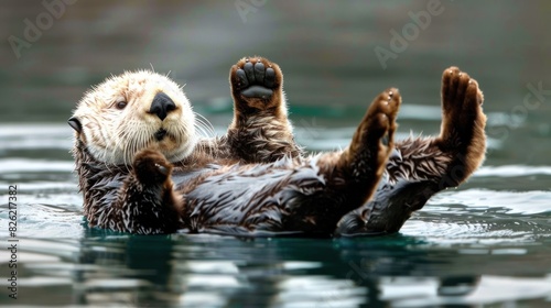 A sea otter floating on its back. photo