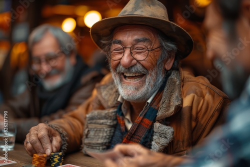 An elderly, bearded man wearing a hat laughs heartily with friends while playing a card game