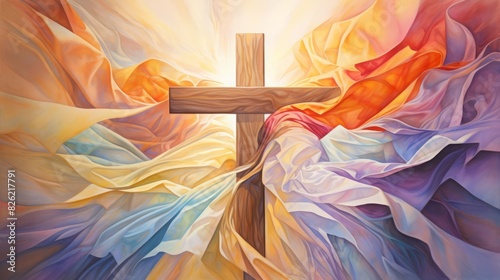 A vibrant watercolor illustration of a wooden cross draped with a flowing cloth, surrounded by ethereal, colorful waves of light, symbolizing resurrection and spiritual rebirth