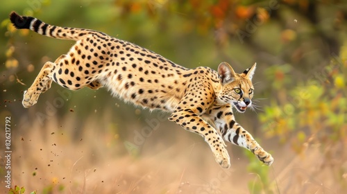 A serval leaping to catch prey.  photo
