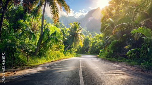 Fototapeta Naklejka Na Ścianę i Meble -  empty road in jungle of Seychelles islands with green plants and sun shining background