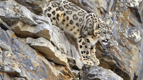 A snow leopard navigating rocky cliffs.