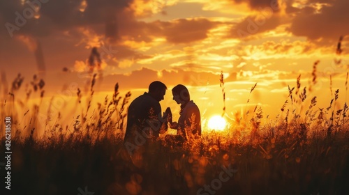 The couple is watching the sunset in the middle of the wheat field.
