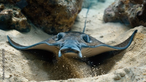 A stingray burying itself in the sand. photo