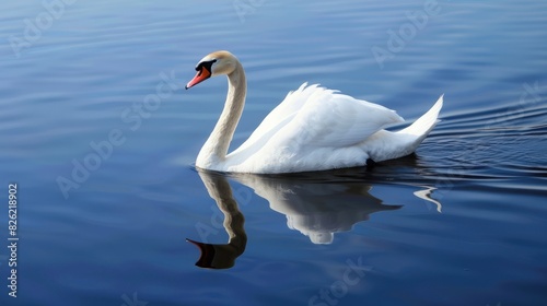 A swan gliding across a lake. 