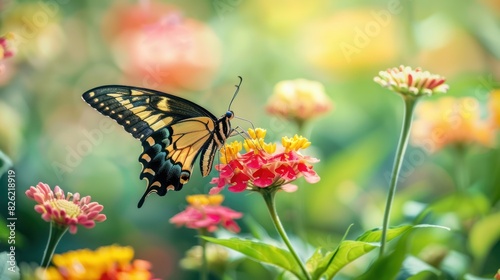 A swallowtail butterfly pollinating flowers.  © Chhayny
