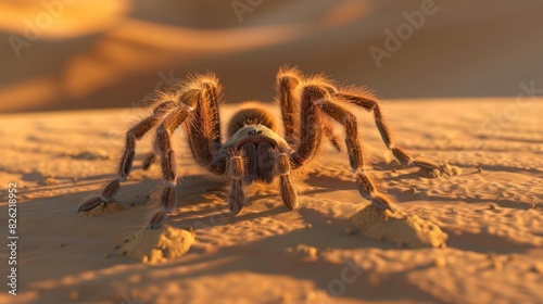 A tarantula crawling across the desert. 