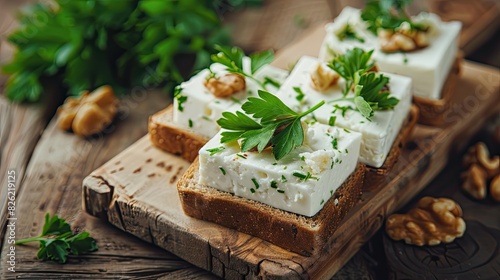 an avocado toast with feta cheese and walnuts on dark bread, on the side is lemon juice in glass bowl, food photography, dark wooden table background