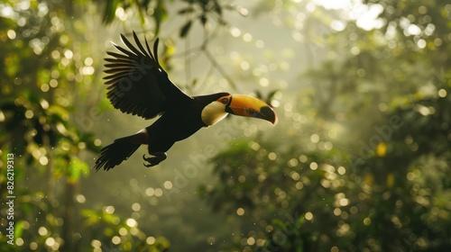 A toucan flying through the rainforest. photo