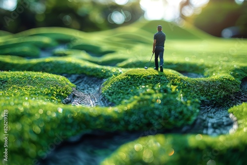 An artistic representation of a miniature golfer standing on moss terrain with a golf club amidst a surreal, lush green environment