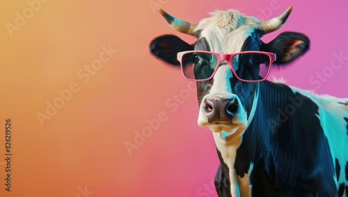 studio shot of a cow wearing sunglasses on HD color background. AI Generated © Muhammad_Waqar