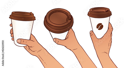 Vector hand drawn illustration set of hands holding disposable paper coffee takeaway cup