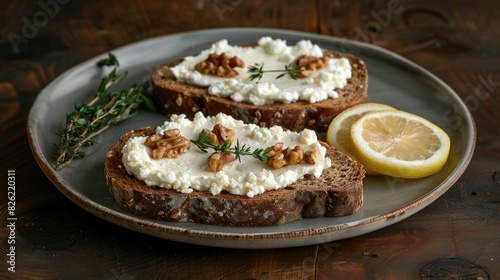 an avocado toast with feta cheese and walnuts on dark bread, on the side is lemon juice in glass bowl, food photography, dark wooden table background