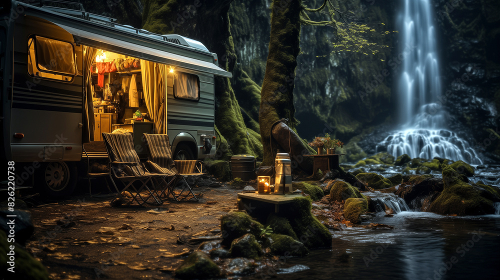Camper parked next to waterfall. Blurred background with copy space Camper parked next to waterfall. Blurred background with copy space