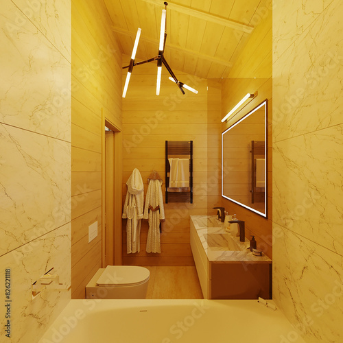 3D visualization of a modern bathroom in a frame house. Modern bathroom 