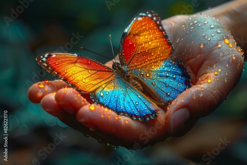 Colorful butterfly perched on a hand  showing detailed wings with water droplets