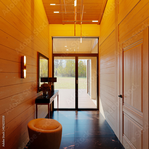 3D visualization of a modern hallway in a wooden house. Modern interior of the entrance area