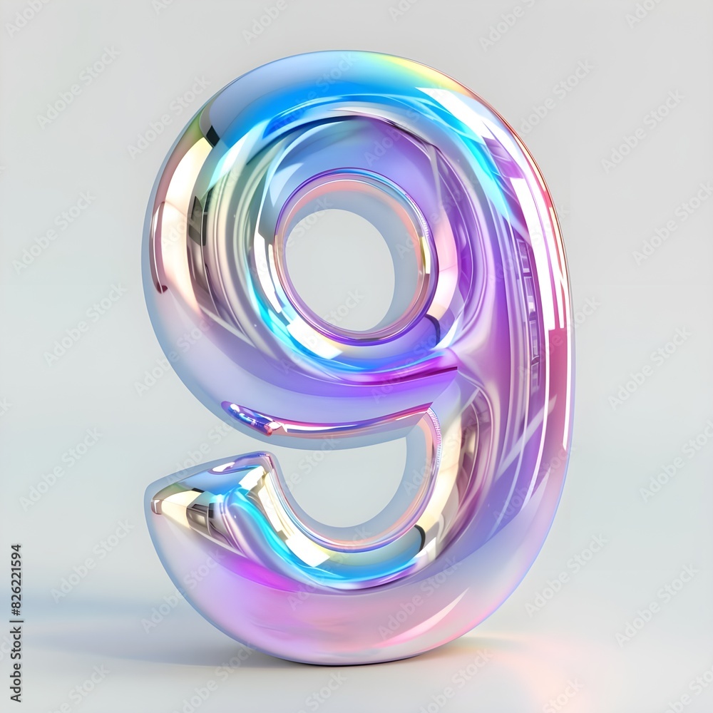 number 9 is made of glass with rainbow colors and light reflection on the surface on white background number 9 is made of glass with rainbow colors and light reflection on the surface on white background