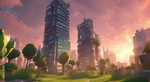 3D skyscraper tops, trees, futuristic style, sunsets, and green courtyards photo
