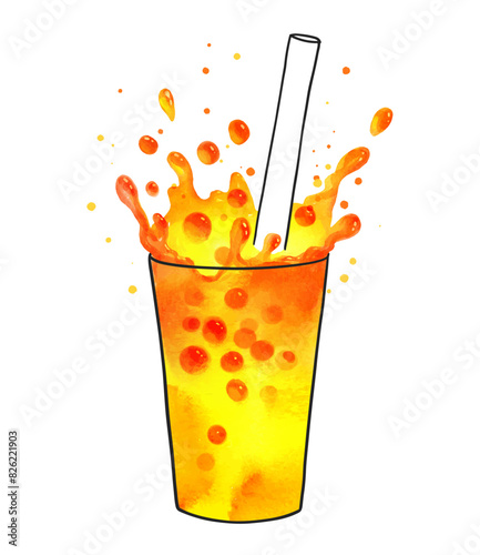 Vector hand drawn watercolor illustration of orange Bubble Tea with splash crown